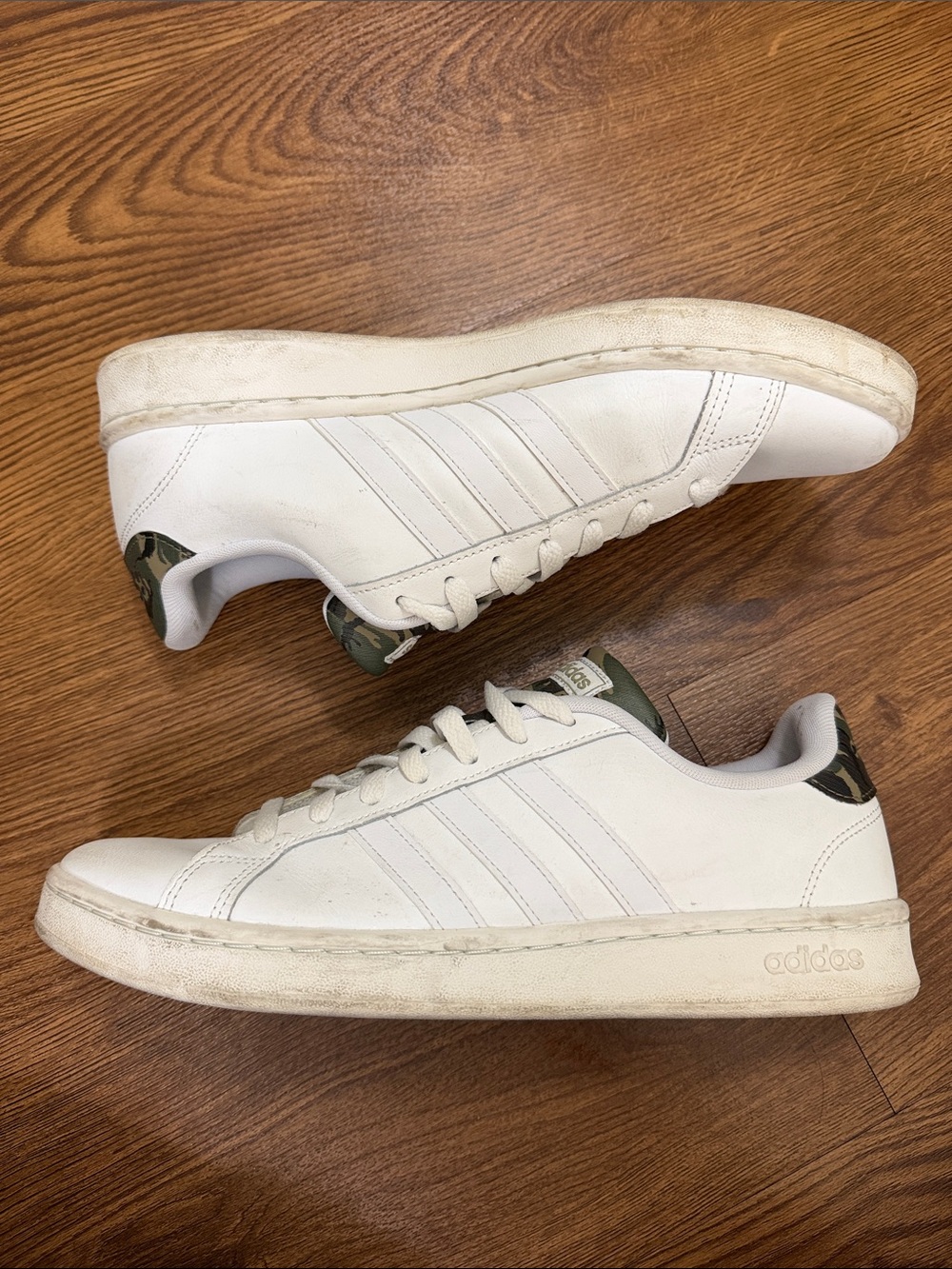 adidas White Leather Sneakers with Green Camo Heel Tab